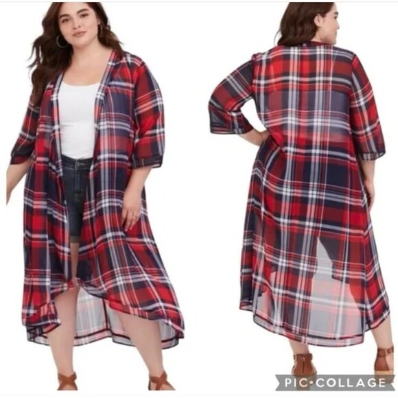 Torrid Kimono Duster Chiffon Maxi High Low Plus Size 5/6 Plaid Sheer Red - Picture 1 of 10